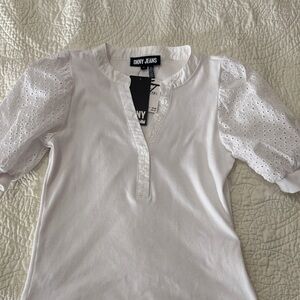 DKNY White Eyelet Sleeve Blouse